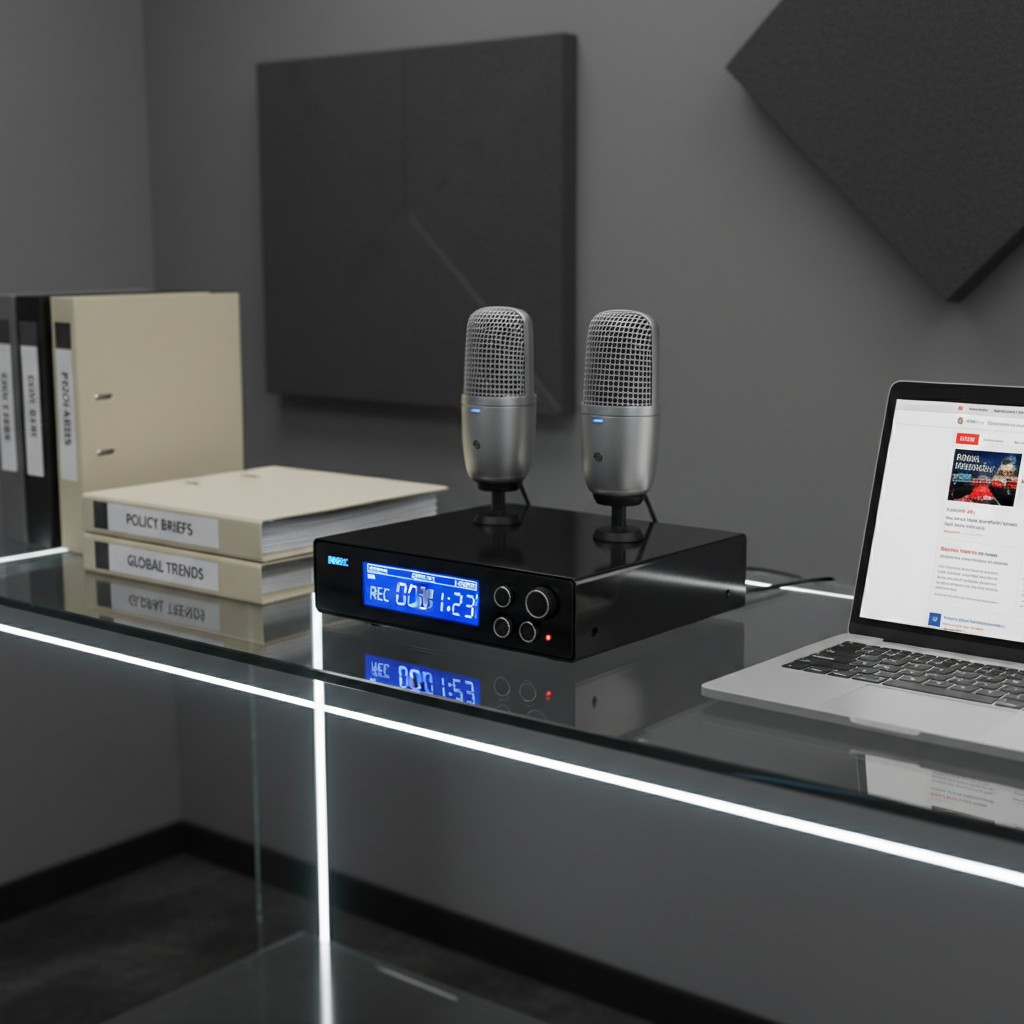 La photographie dépeint un ordinateur portable placé sur une table vitrée, avec deux microphones et un enregistreur comme ...